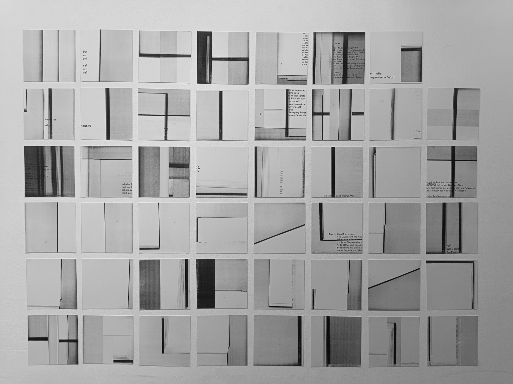 Frontal installation view of the 68-part series Ablichtungen