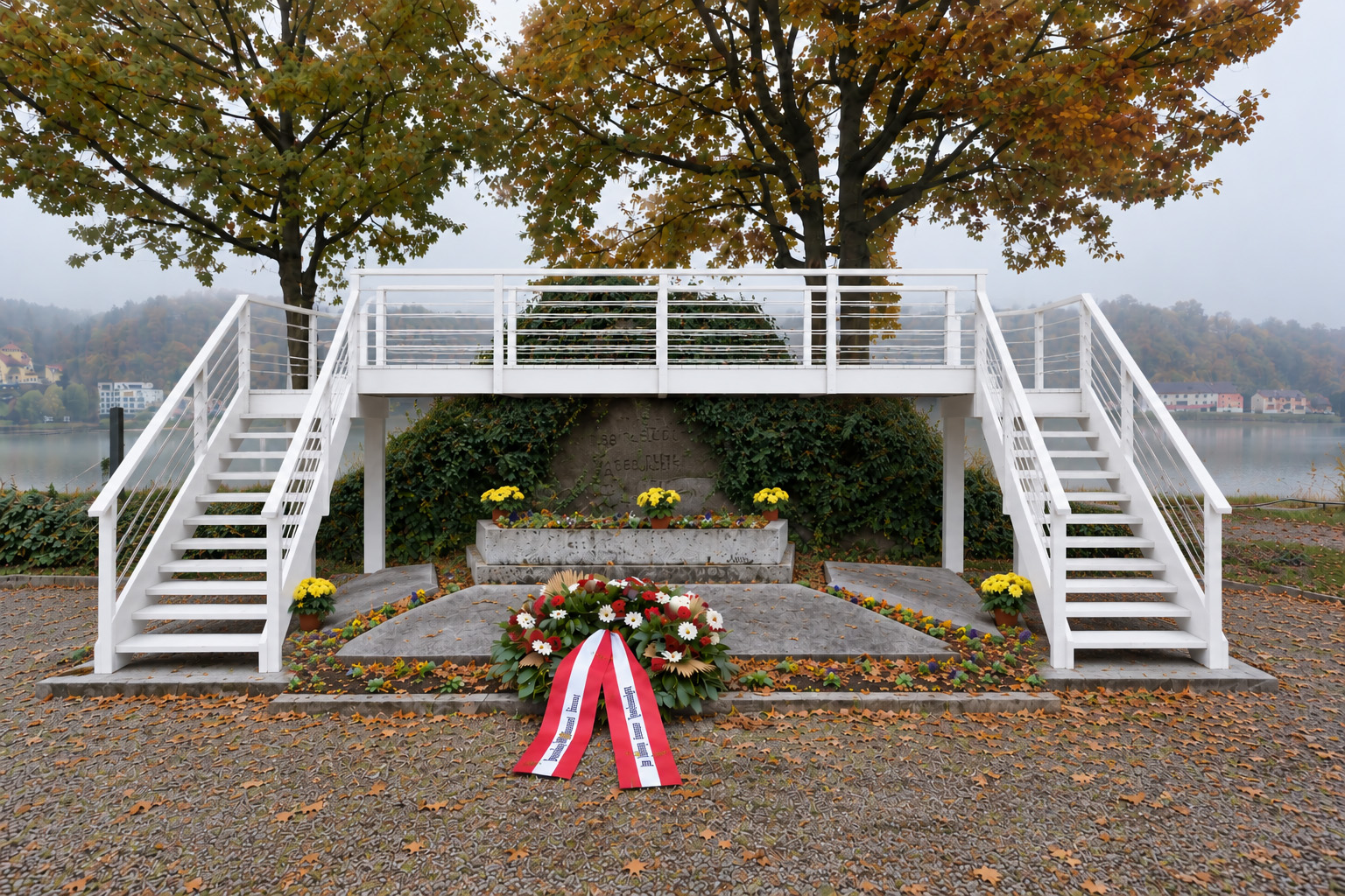 White bridge spanning the war memorial in Aschach, project visualization