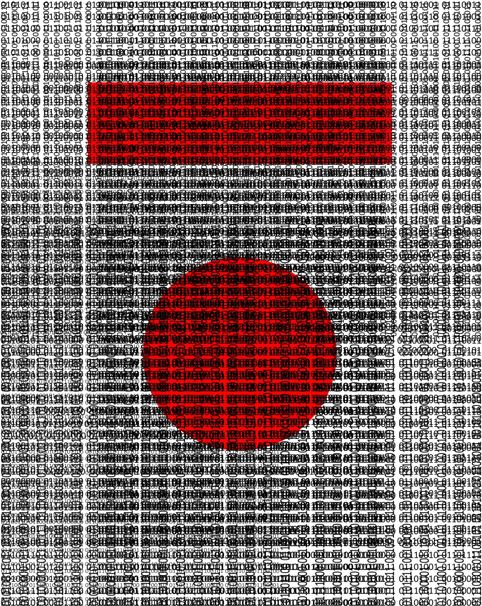 Binary Coded, Konrad I, inkjet print with red geometric forms over binary text