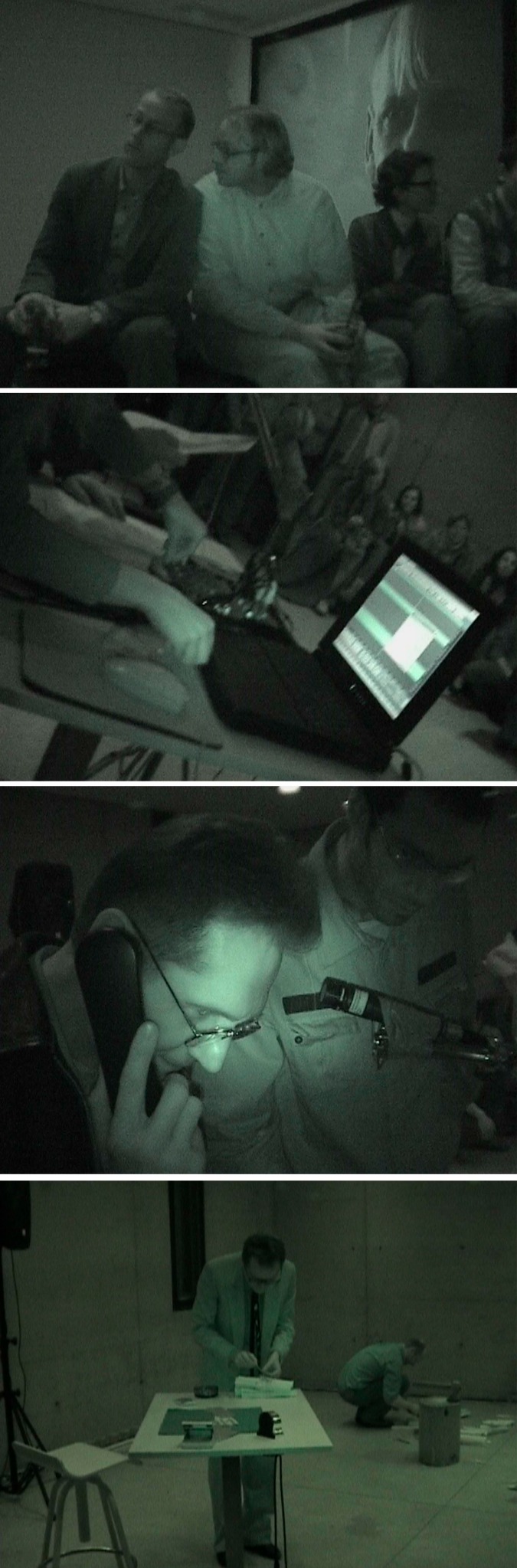 Four video stills from the mirror sittings shown vertically